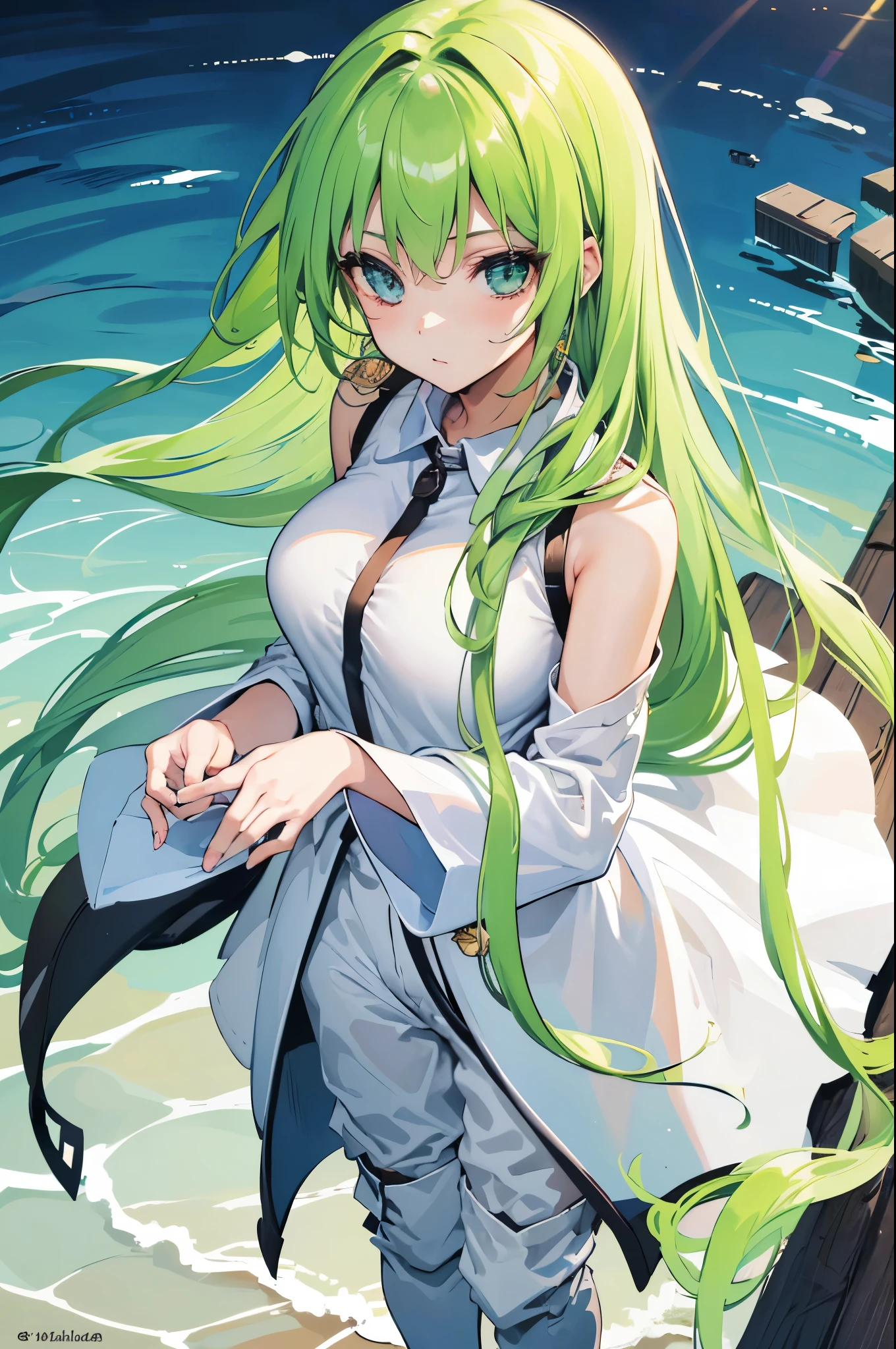 upper body portrait, (masterpiece, best quality:1.2), expressive eyes, perfect face, highres, 1 girl, solo, (female:1.5), enkidu, white robe, green hair ,white pants, standing, looking at the viewer,