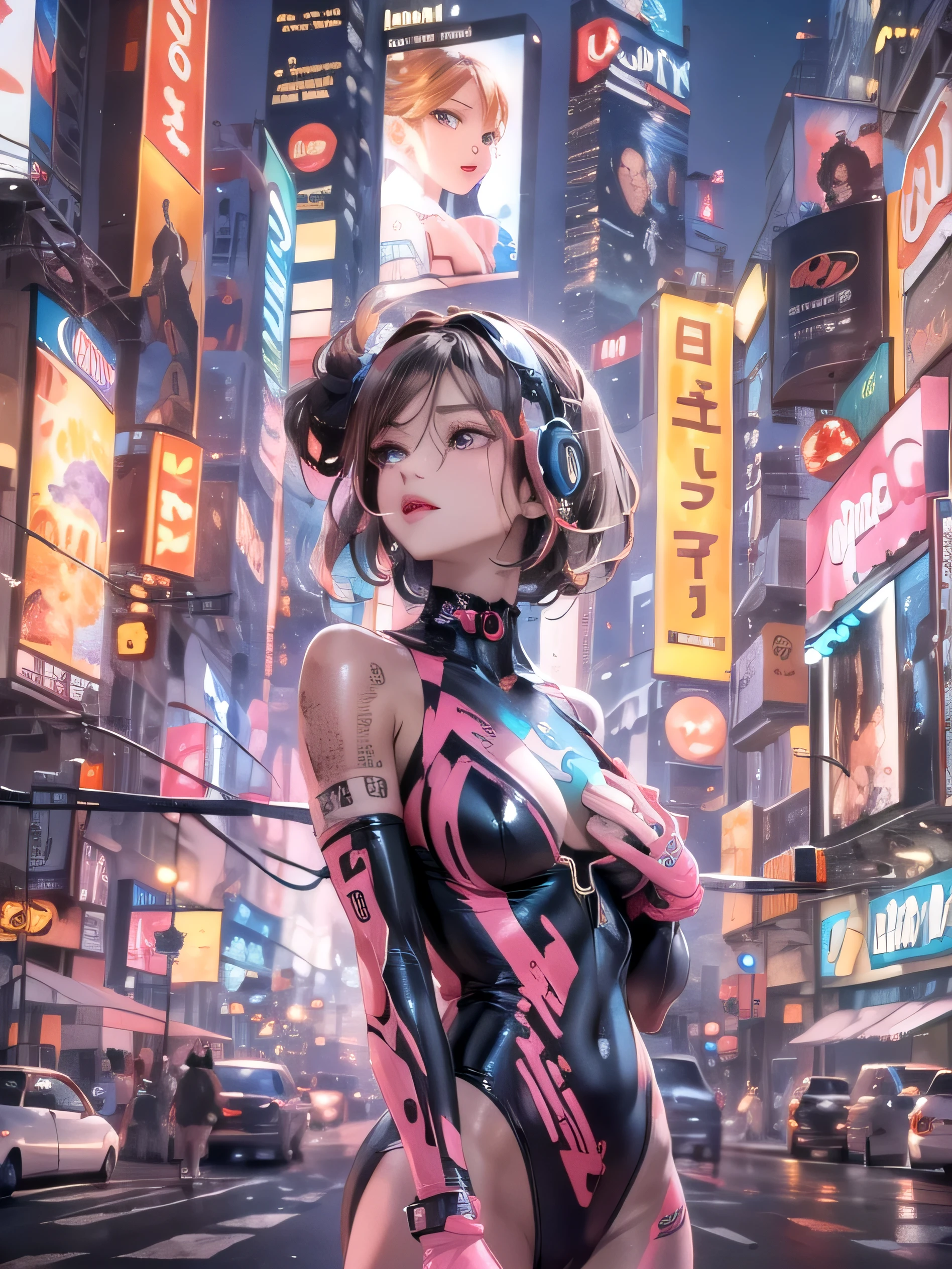(photorealistic:1.8, highest quality:1.8,8K masterpiece:1.8,High resolution,muste piece:1.8,RAW Photos,cinematic lighting),No split screen, (1 android girl:1.3)、Completely naked、open front shirt、choker、Body painting with a pop design drawn all over the body、pop art design、cutting edge fashion、Innovative、center of attention、new york、special art design、nipple design、Ultra-detailed background depicting a beautiful future、Unknown world、art deco、Future、shine、conceptual art、