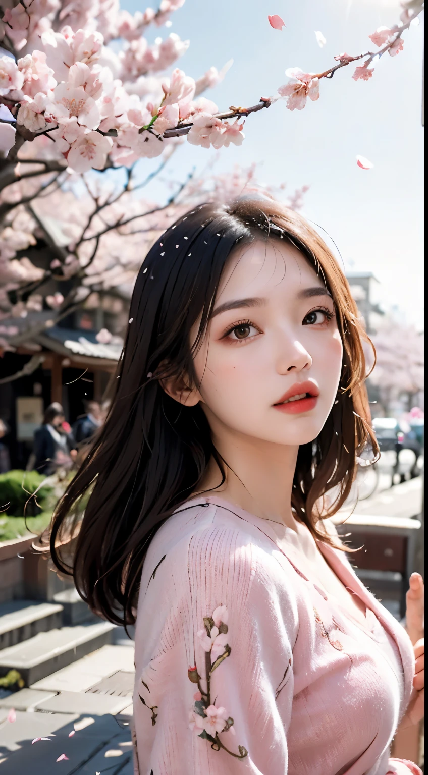 Mustepiece, top quality, illustration, ultra-definition, fine details, high resolution, 8K wallpaper, perfect dynamic composition, beautiful detailed eyes, wearing a dress, natural colored lips, random cute pose, perfect and beautiful face, cute, sexy face, sunset, ecstasy face, feminine face, (cherry blossoms, cherry blossoms, falling cherry blossom petals, cherry blossom blizzard, falling petals), waving in the wind Hair, hair fluttering, pink cherry blossoms, petals dancing, cherry blossom snowstorm, wonderful scenery, sunrise, background sun, wind,
