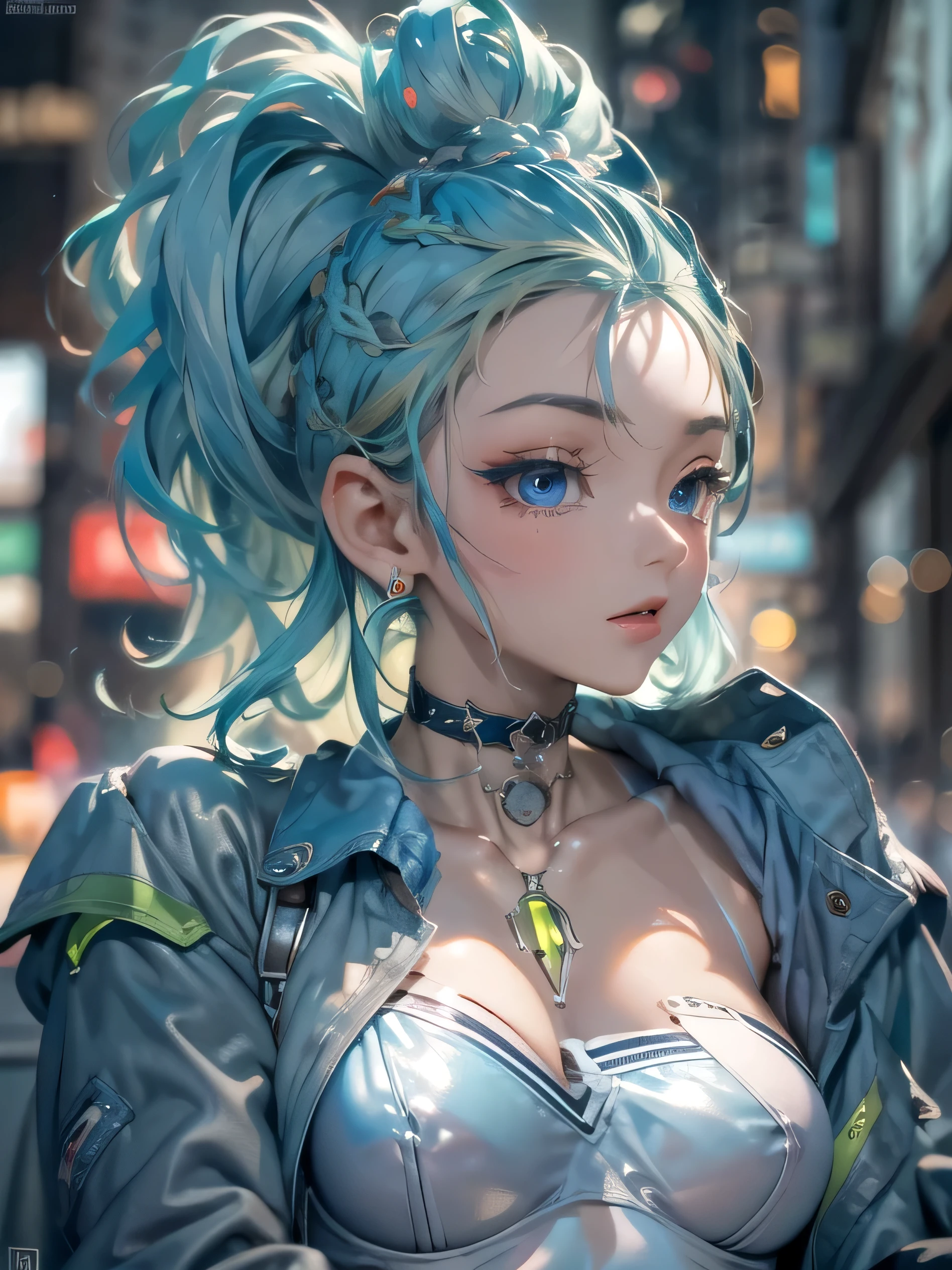(photorealistic:1.8, highest quality:1.8,8K masterpiece:1.8,High resolution,muste piece:1.8,RAW Photos,cinematic lighting),No split screen, (1 android girl:1.3)、Completely naked、beautiful big breasts、choker、Body painting with a pop design drawn all over the body、pop art design、cutting edge fashion、Innovative、center of attention、new york、special art design、nipple design、Ultra-detailed background depicting a beautiful future、Unknown world、art deco、Future、shine、conceptual art、(Beautiful shining blue lime hair:1.5)