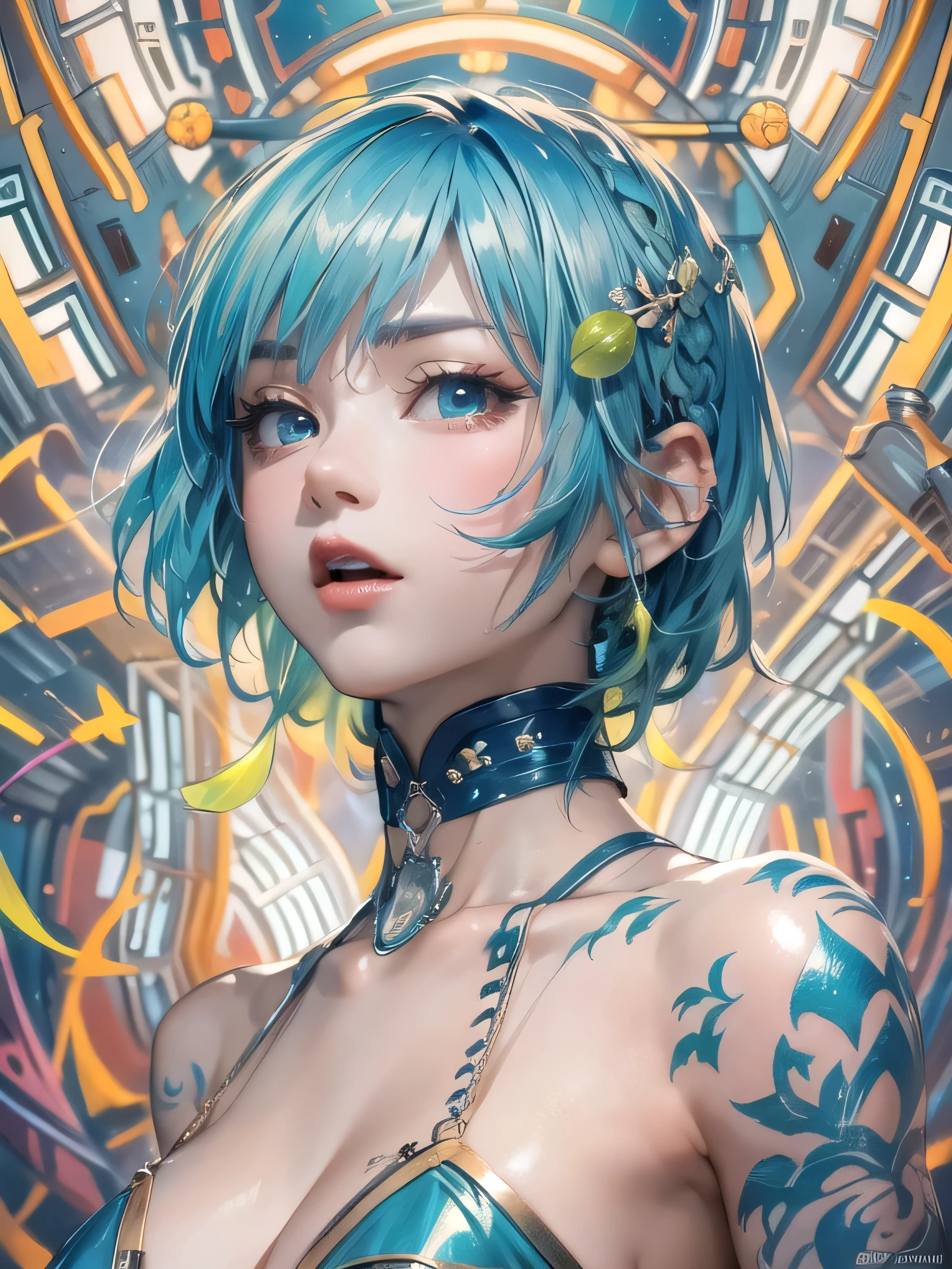 (photorealistic:1.8, highest quality:1.8,8K masterpiece:1.8,High resolution,muste piece:1.8,RAW Photos,cinematic lighting),No split screen, (1 android girl:1.3)、Completely naked、beautiful big breasts、choker、Body painting with a pop design drawn all over the body、pop art design、cutting edge fashion、Innovative、center of attention、new york、special art design、nipple design、Ultra-detailed background depicting a beautiful future、Unknown world、art deco、Future、shine、conceptual art、(Beautiful shining blue lime hair:1.5)