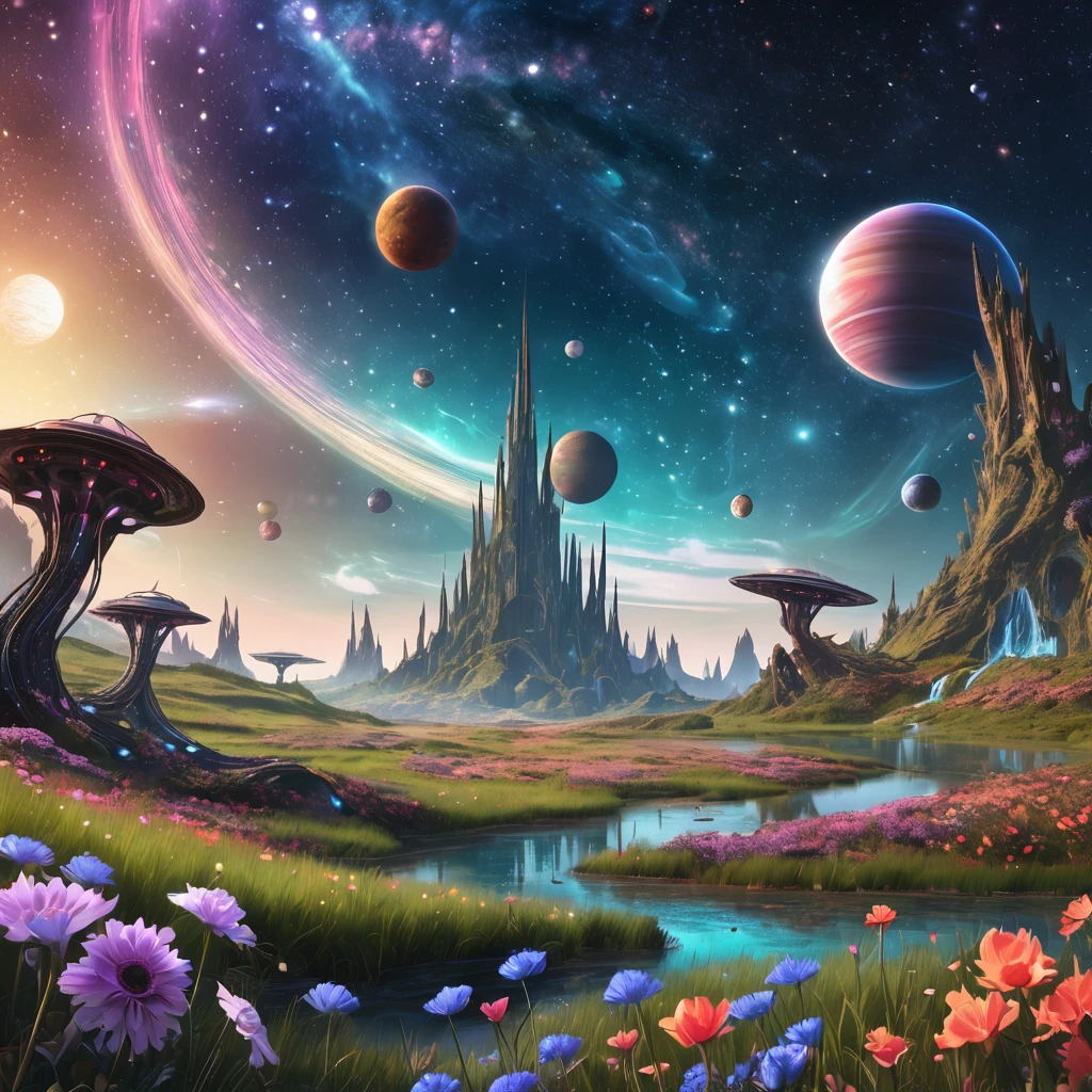 alien landscape, aesthetic, extremely detailed, Aliens holding hands in a circle in a meadow of alien flowers, galaxies and planets in the sky, detailed matte painting, deep color, fantastical, intricate detail, splash screen, complementary colors, fantasy concept art, 8k resolution trending on Artstation Unreal Engine 5