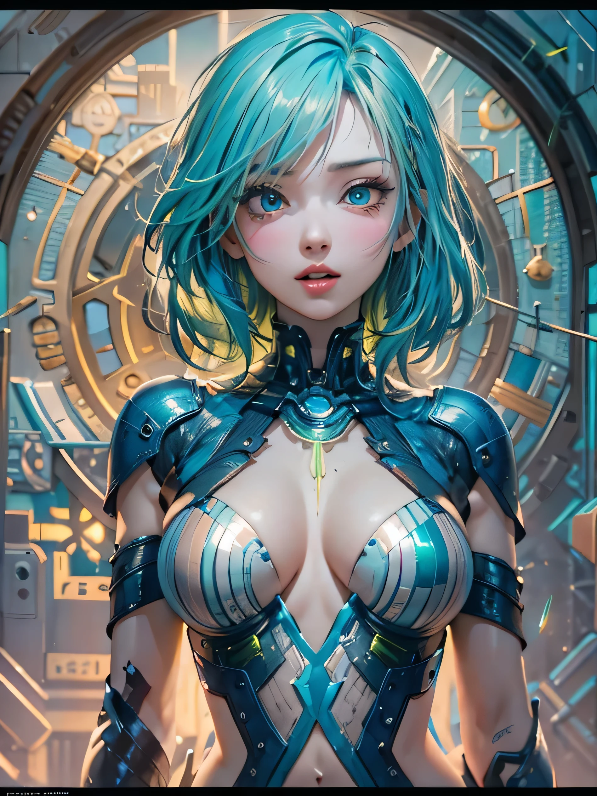 (photorealistic:1.8, highest quality:1.8,8K masterpiece:1.8,High resolution,muste piece:1.8,RAW Photos,cinematic lighting),No split screen, (1 android girl:1.3)、Completely naked、beautiful big breasts、choker、Body painting with a pop design drawn all over the body、pop art design、cutting edge fashion、Innovative、center of attention、special art design、nipple design、Ultra-detailed background depicting a beautiful future、Unknown world、art deco、Future、shine、conceptual art、(Beautiful shining blue lime hair:1.5)、new york