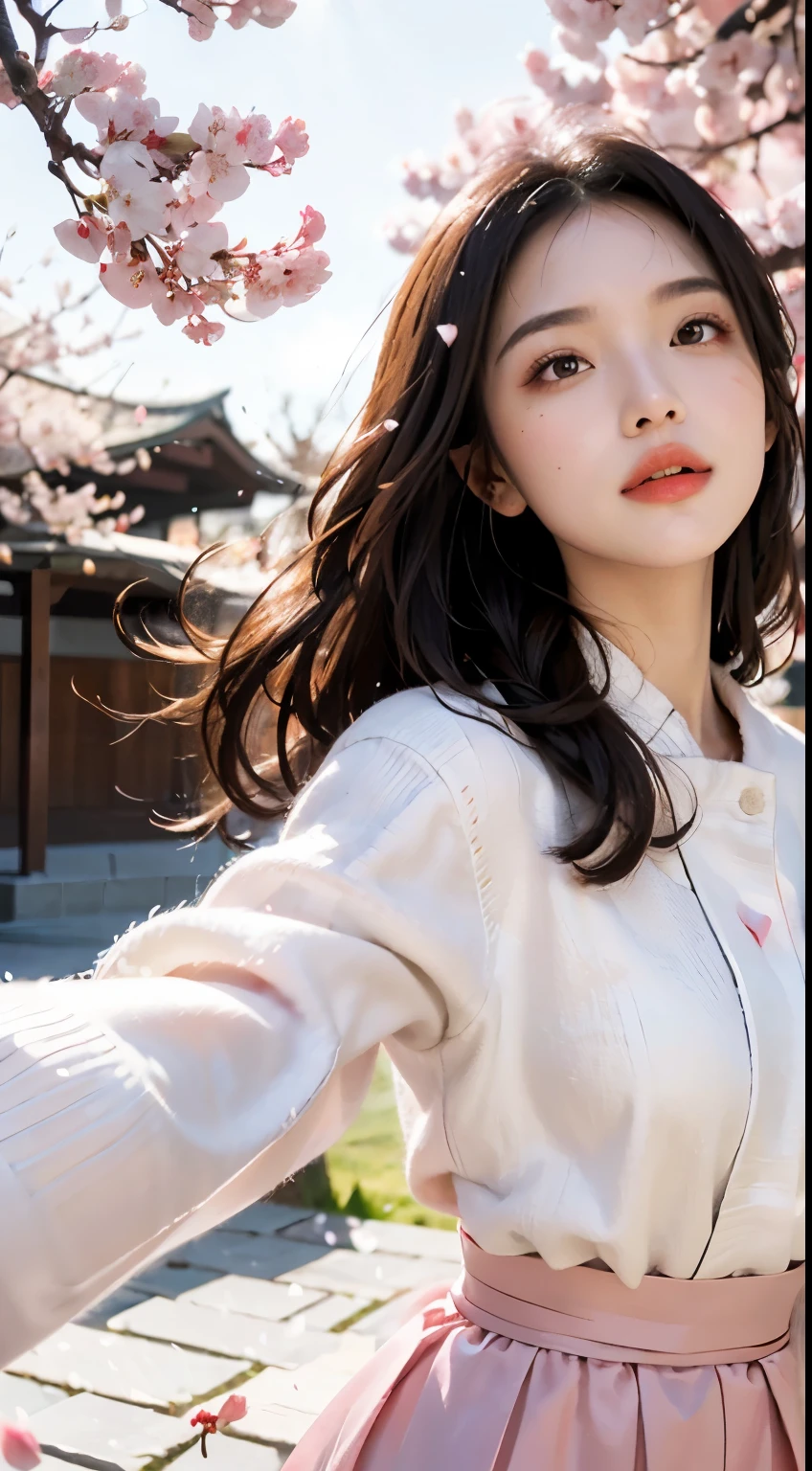 Mustepiece, top quality, illustration, ultra-definition, fine details, high resolution, 8K wallpaper, perfect dynamic composition, beautiful detailed eyes, wearing a dress, natural colored lips, random cute pose, perfect and beautiful face, cute, sexy face, sunset, ecstasy face, feminine face, (cherry blossoms, cherry blossoms, falling cherry blossom petals, cherry blossom blizzard, falling petals), waving in the wind Hair, hair fluttering, pink cherry blossoms, petals dancing, cherry blossom snowstorm, wonderful scenery, sunrise, background sun, wind,