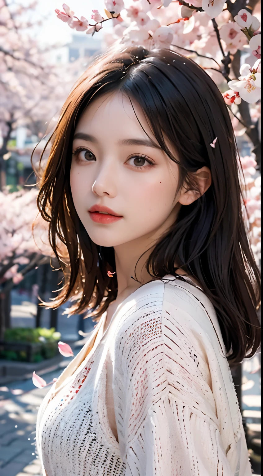 Mustepiece, top quality, illustration, ultra-definition, fine details, high resolution, 8K wallpaper, perfect dynamic composition, beautiful detailed eyes, wearing a dress, natural colored lips, random cute pose, perfect and beautiful face, cute, sexy face, sunset, ecstasy face, feminine face, (cherry blossoms, cherry blossoms, falling cherry blossom petals, cherry blossom blizzard, falling petals), waving in the wind Hair, hair fluttering, pink cherry blossoms, petals dancing, cherry blossom snowstorm, wonderful scenery, sunrise, background sun, wind,