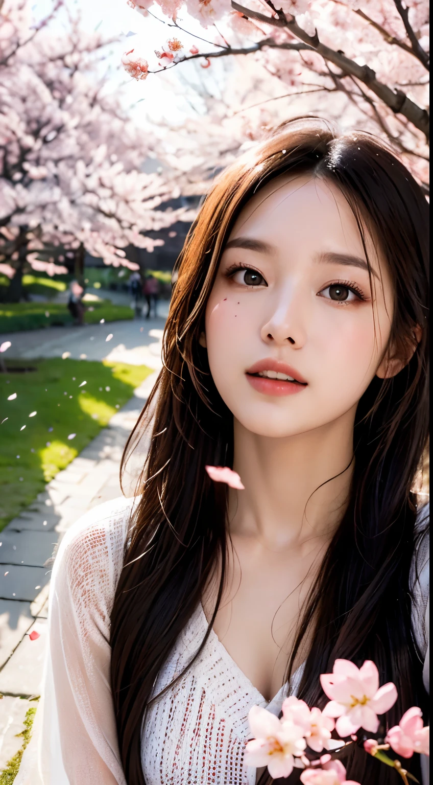 Mustepiece, top quality, illustration, ultra-definition, fine details, high resolution, 8K wallpaper, perfect dynamic composition, beautiful detailed eyes, wearing a dress, natural colored lips, random cute pose, perfect and beautiful face, cute, sexy face, sunset, ecstasy face, feminine face, (cherry blossoms, cherry blossoms, falling cherry blossom petals, cherry blossom blizzard, falling petals), waving in the wind Hair, hair fluttering, pink cherry blossoms, petals dancing, cherry blossom snowstorm, wonderful scenery, sunrise, background sun, wind,
