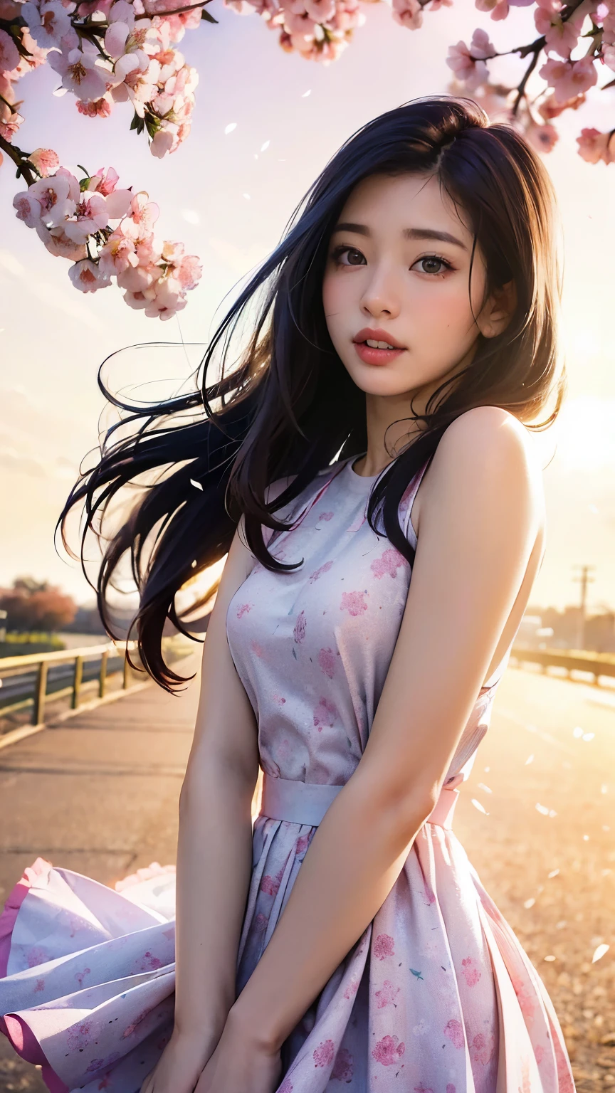 (A logo、​masterpiece、8K、masutepiece、Raw photo、Fantastic、Best Quality、Photorealistic and ighly detailed CG integrated 8k wallpaper、hightquality、ighly detailed、epic poem、Particle effect、Dynamic effects、depth of fields、Cinematic Light、Lens Flare、Ray tracing)、Fantasia、 (Beauty 1 person、doress、Dress、Cherry blossom pattern、A dark-haired、Beautiful face、Real Face、beautiful details eyes beautiful skin)、my hair dances in the wind、Hair flutters in the wind、Hair jumps、Pink cherry blossom tree、Petals flutter、Sakura blizzard、Superb view、morning glow、Sun in the background、the wind、