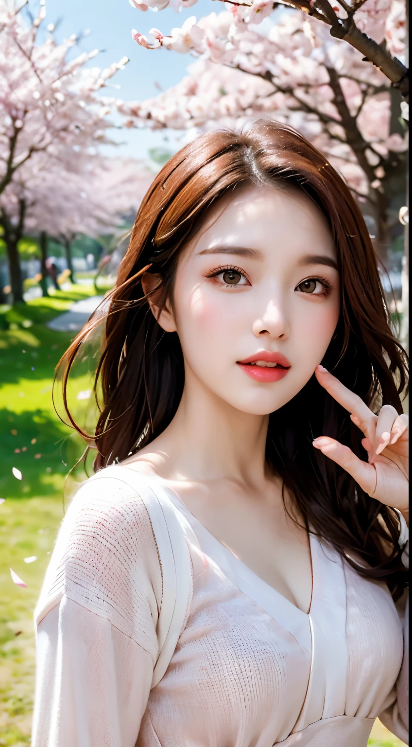 Mustepiece, top quality, illustration, ultra-definition, fine details, high resolution, 8K wallpaper, perfect dynamic composition, beautiful detailed eyes, wearing a dress, natural colored lips, random cute pose, perfect and beautiful face, cute, sexy face, sunset, ecstasy face, feminine face, (cherry blossoms, cherry blossoms, falling cherry blossom petals, cherry blossom blizzard, falling petals), waving in the wind Hair, hair fluttering, pink cherry blossoms, petals dancing, cherry blossom snowstorm, wonderful scenery, sunrise, background sun, wind,
