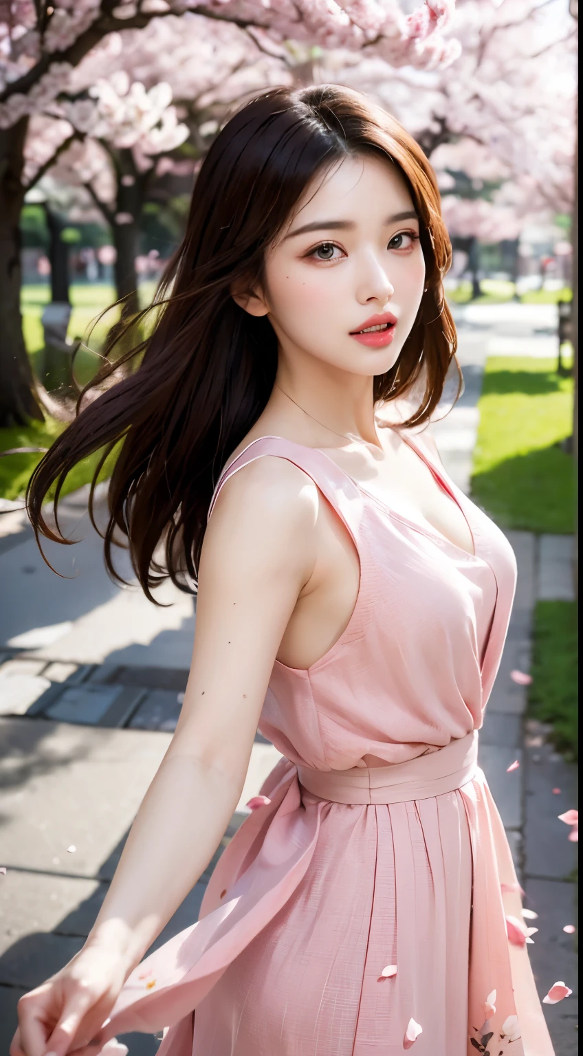 Mustepiece, top quality, illustration, ultra-definition, fine details, high resolution, 8K wallpaper, perfect dynamic composition, beautiful detailed eyes, wearing a dress, natural colored lips, random cute pose, perfect and beautiful face, cute, sexy face, sunset, ecstasy face, feminine face, (cherry blossoms, cherry blossoms, falling cherry blossom petals, cherry blossom blizzard, falling petals), waving in the wind Hair, hair fluttering, pink cherry blossoms, petals dancing, cherry blossom snowstorm, wonderful scenery, sunrise, background sun, wind,