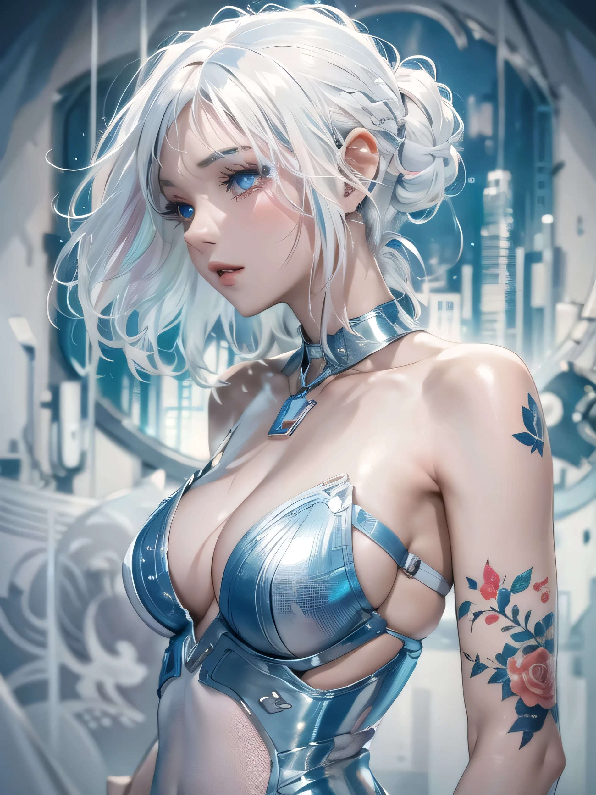 (photorealistic:1.8, highest quality:1.8,8K masterpiece:1.8,High resolution,muste piece:1.8,RAW Photos,cinematic lighting),No split screen, (1 android girl:1.3)、Completely naked、full body tattoo、beautiful big breasts、choker、Body painting with a pop design drawn all over the body、pop art design、cutting edge fashion、new york、special art design、nipple design、Ultra-detailed background depicting a beautiful future、Unknown world、art deco、Future、shine、conceptual art、(Beautiful shining blue-white hair:1.5)