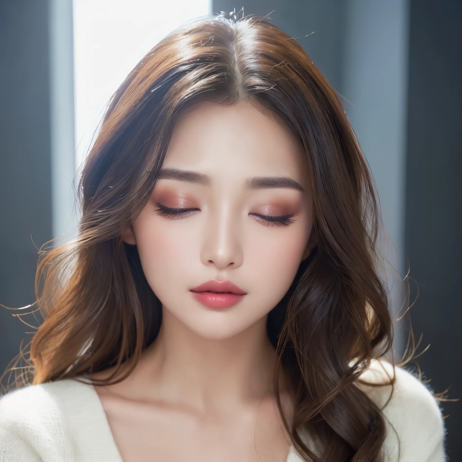 (highest quality、table top、8K、best image quality、Award-winning work)、(bring your face closer:1.1)、(bring your lips close to me:1.1)、Perfect knitted sweater with V-neck、cleavage、elegant long wavy hair、(Standing at the entrance of an elegant luxury living room:1.1)、beautiful shiny lipstick、perfect makeup、Ultra high definition beautiful face、ultra high definition hair、(Super high resolution bright and shiny skin:1.4)、(blurred background:1.1)、(Super high resolution glossy and most beautiful lips:1.2)、(face facing forward:1.2)、(body facing forward:1.2)、(from above the front:1.1)、(face facing forwardを見下ろす:1.1)、(close up of face:1.1)、(troubled eyebrows:1.1)、(narrow your eyes:1.4)