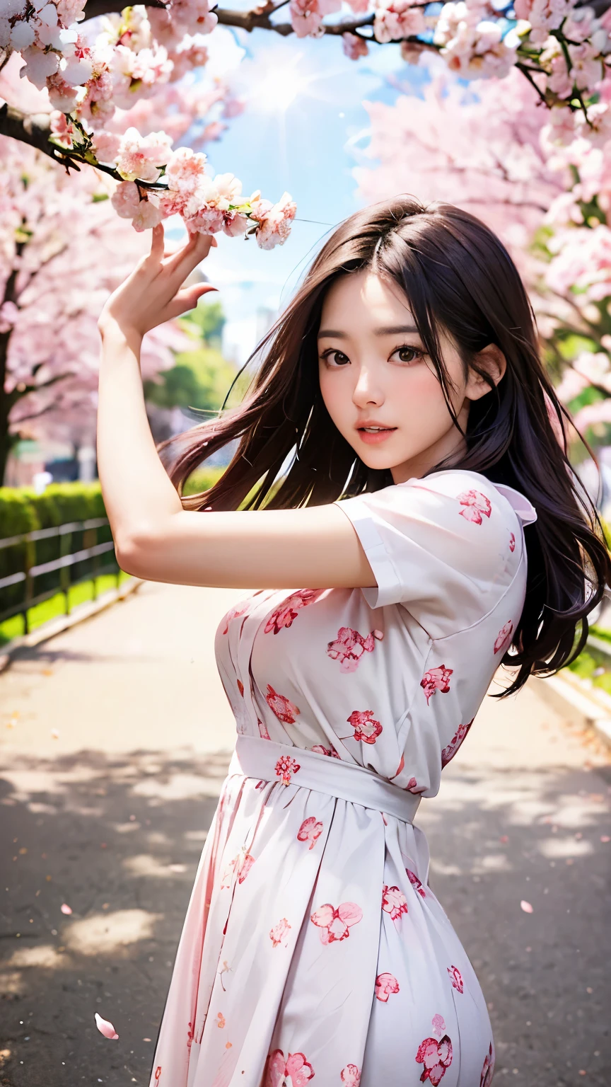 (A logo、masterpiece、8K、masutepiece、Raw photo、Fantastic、Best Quality、Photorealistic and ighly detailed CG integrated 8k wallpaper、hightquality、ighly detailed、epic poem、Particle effect、Dynamic effects、depth of fields、Cinematic Light、Lens Flare、Ray tracing)、Fantasia、 (Beauty 1 person、doress、Dress、Cherry blossom pattern、A dark-haired、Beautiful face、Real Face、beautiful details eyes beautiful skin)、my hair dances in the wind、Hair flutters in the wind、Hair jumps、Pink cherry blossom tree、Petals flutter、Sakura blizzard、Superb view、morning glow、Sun in the background、the wind、