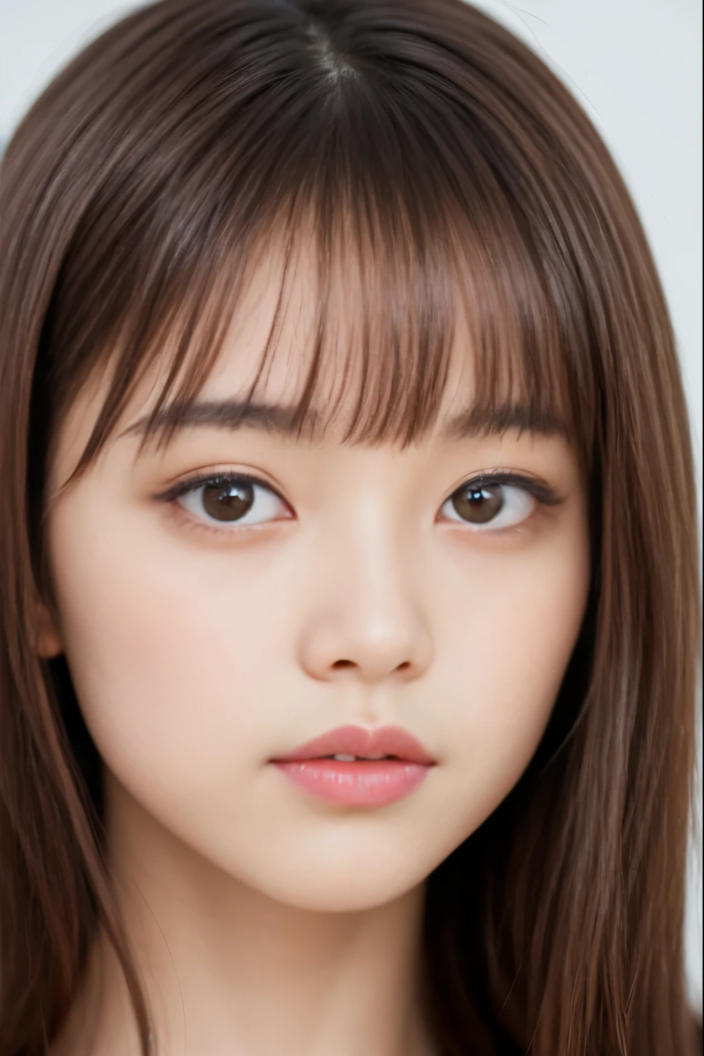 Close-up of a woman with long brown hair and pink lipstick, cute realistic portrait, beautiful japanese girl face, 17 year old young adorable Japanese face, HARA NANOKA, detailed face of asian girl, beautiful asian girl, beautiful realistic face, beautiful girl model、actress、long brown hair with bangs