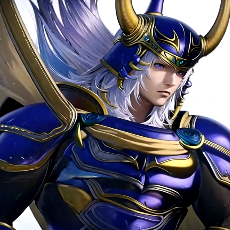 (masterpiece, best quality:1.2,white background,anime style), 1boy, solo,warrior of light \(final fantasy\),armor,cape,horned helmet,purple eyes,white hair