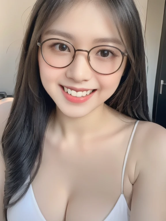 (realistic、masterpiece、Best Quality、8K、highres、high resolution:1.3)、1 glasses girl、Huge breasts、smile, white bikini、pale white skin、looking at viewers、super fine face and eyes、long hair、indoor、 upper body、