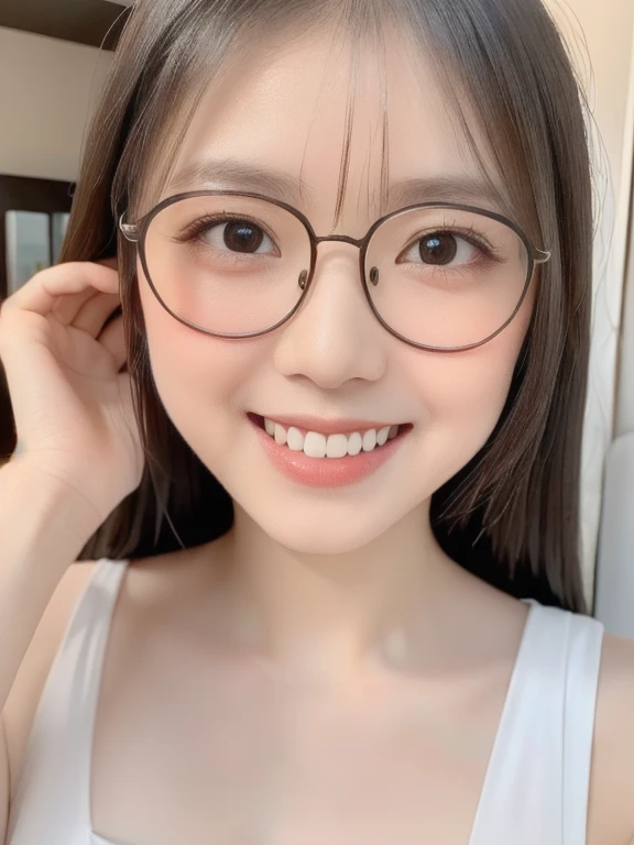 (realistic、masterpiece、Best Quality、8K、highres、high resolution:1.3)、1 glasses girl、Huge breasts、smile, white bikini、pale white skin、looking at viewers、super fine face and eyes、long hair、indoor、 upper body、