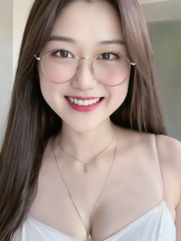 (realistic、masterpiece、Best Quality、8K、highres、high resolution:1.3)、1 glasses girl、Huge breasts、smile, white bikini、pale white skin、looking at viewers、super fine face and eyes、long hair、indoor、 upper body、