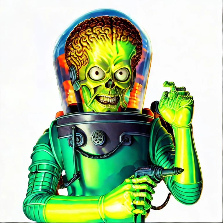 A statue of a man with a brain on his head, a man with an oxygen mask on his head, a gas bottle on his back, a gun in his left hand, heavy metal, realistic, realistic, creepy-looking, wide-eyed, when Mars strikes, when Mars strikes, Jim Burns style sci-fi, retro sci-fi, portraits of humanoid aliens, alien helmets, alien astronauts