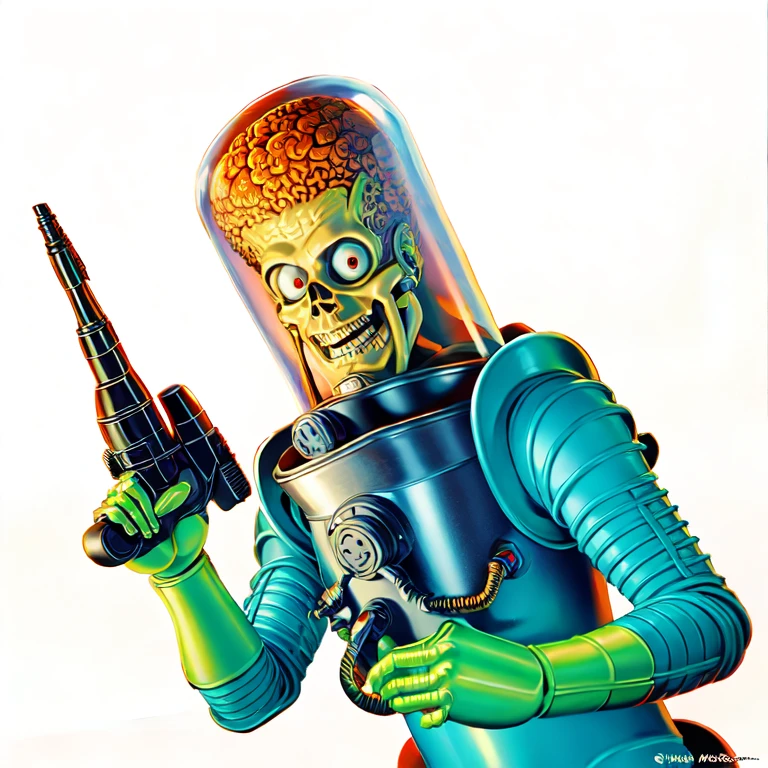 A statue of a man with a brain on his head, a man with an oxygen mask on his head, Mars Attacks,a gas bottle on his back, a gun in his left hand, heavy metal, realistic, realistic, creepy-looking, wide-eyed, when Mars strikes, when Mars strikes, Jim Burns style sci-fi, retro sci-fi, portraits of humanoid aliens, alien helmets, alien astronauts