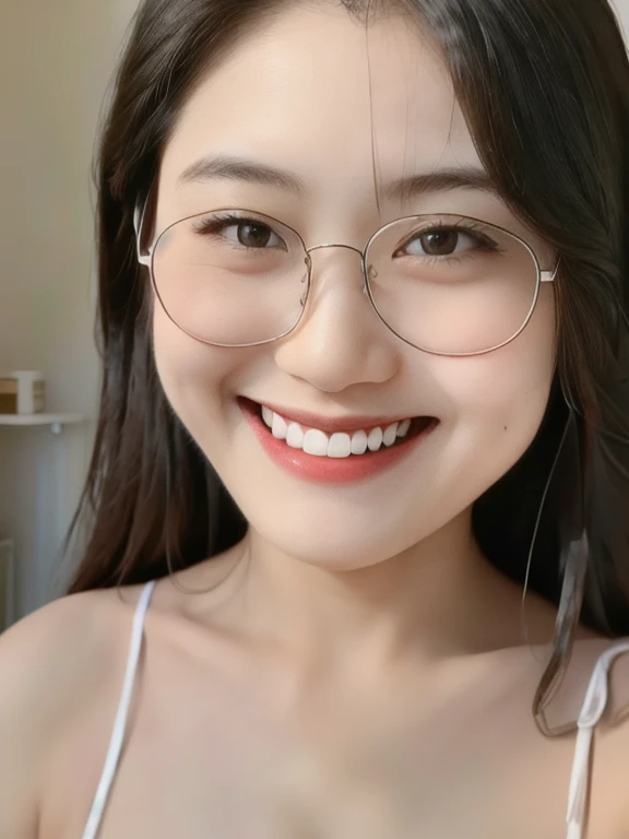 (realistic、masterpiece、Best Quality、8K、highres、high resolution:1.3)、1 glasses girl、Huge breasts、smile, white bikini、smile, pale white skin、looking at viewers、super fine face and eyes、long hair、indoor、 upper body、