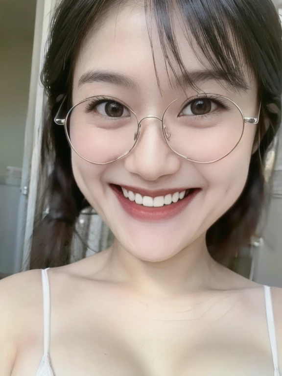 (realistic、masterpiece、Best Quality、8K、highres、high resolution:1.3)、1 glasses girl、Huge breasts、smile, white bikini、smile, pale white skin、looking at viewers、super fine face and eyes、long hair、indoor、 upper body、