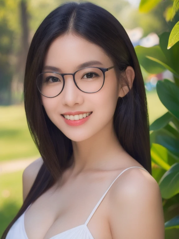 (realistic、masterpiece、Best Quality、8K、highres、high resolution:1.3)、1 glasses girl、Huge breasts、smile, white bikini、pale white skin、looking at viewers、super fine face and eyes、long hair、indoor、 upper body、