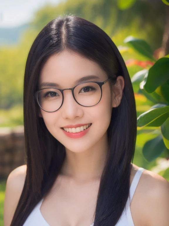 (realistic、masterpiece、Best Quality、8K、highres、high resolution:1.3)、1 glasses girl、Huge breasts、smile, white bikini、pale white skin、looking at viewers、super fine face and eyes、long hair、indoor、 upper body、