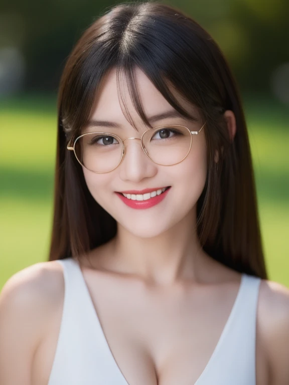 (realistic、masterpiece、Best Quality、8K、highres、high resolution:1.3)、1 glasses girl、Huge breasts、smile, white bikini、pale white skin、looking at viewers、super fine face and eyes、long hair、indoor、 upper body、