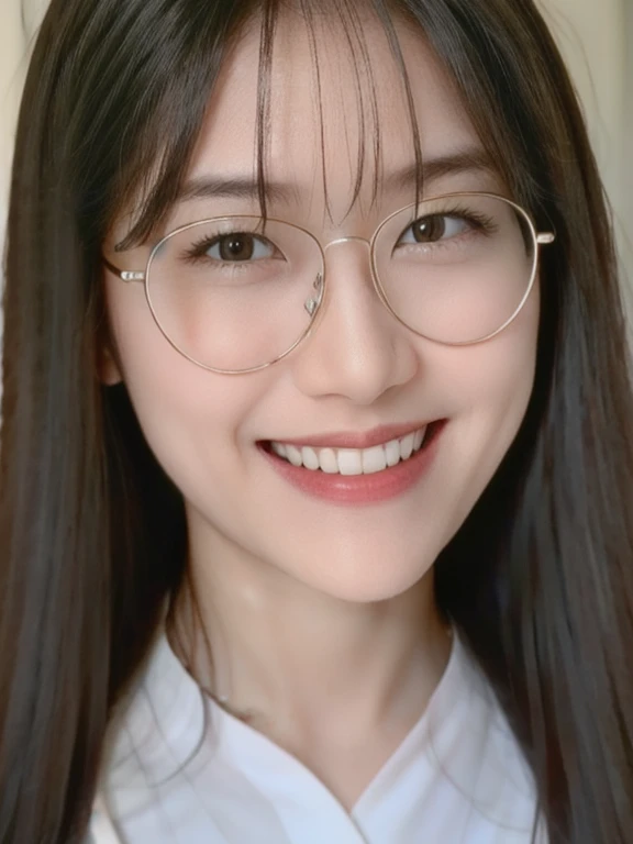 (realistic、masterpiece、Best Quality、8K、highres、high resolution:1.3)、1 glasses girl、Huge breasts、smile, white bikini、pale white skin、looking at viewers、super fine face and eyes、long hair、indoor、 upper body、