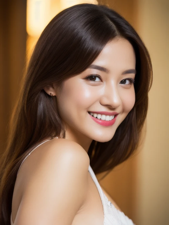 (realistic、masterpiece、Best Quality、8K、highres、high resolution:1.3)、1 glasses girl、smile, Huge breasts、white bikini、pale white skin、smile, looking at viewers、super fine face and eyes、long hair、indoor、 upper body、