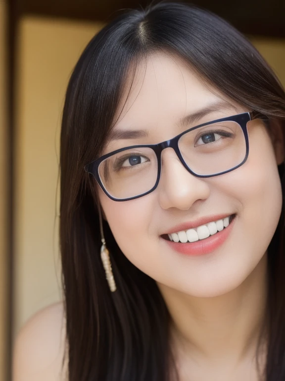 (realistic、masterpiece、Best Quality、8K、highres、high resolution:1.3)、1 glasses girl、smile, Huge breasts、white bikini、pale white skin、smile, looking at viewers、super fine face and eyes、long hair、indoor、 upper body、