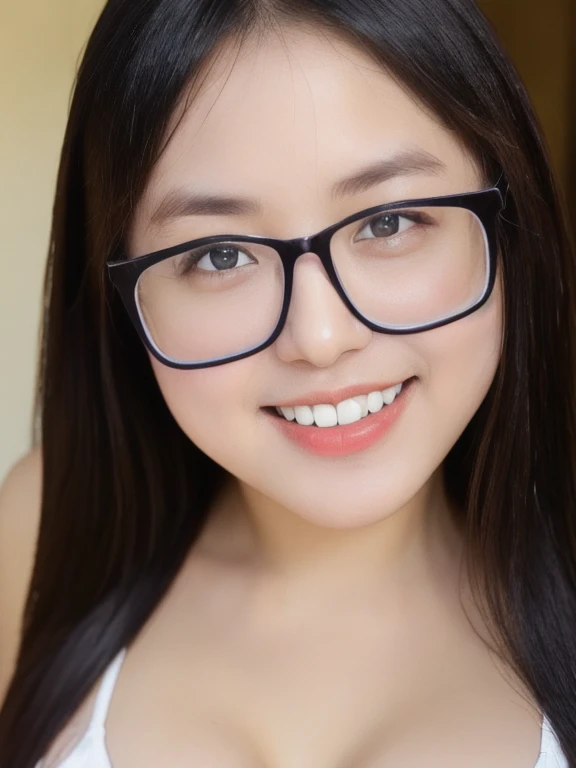 (realistic、masterpiece、Best Quality、8K、highres、high resolution:1.3)、1 glasses girl、smile, Huge breasts、white bikini、pale white skin、smile, looking at viewers、super fine face and eyes、long hair、indoor、 upper body、