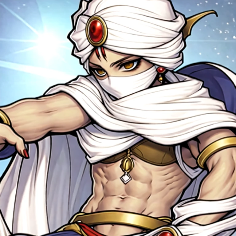 (masterpiece, best quality:1.2,pure white background,2d,2d anime), 1boy, solo,minwu \(final fantasy\),abs,bracelet,cape,dark skin,earrings,gem,mouth veil,turban,brwon hair,brwon eyes