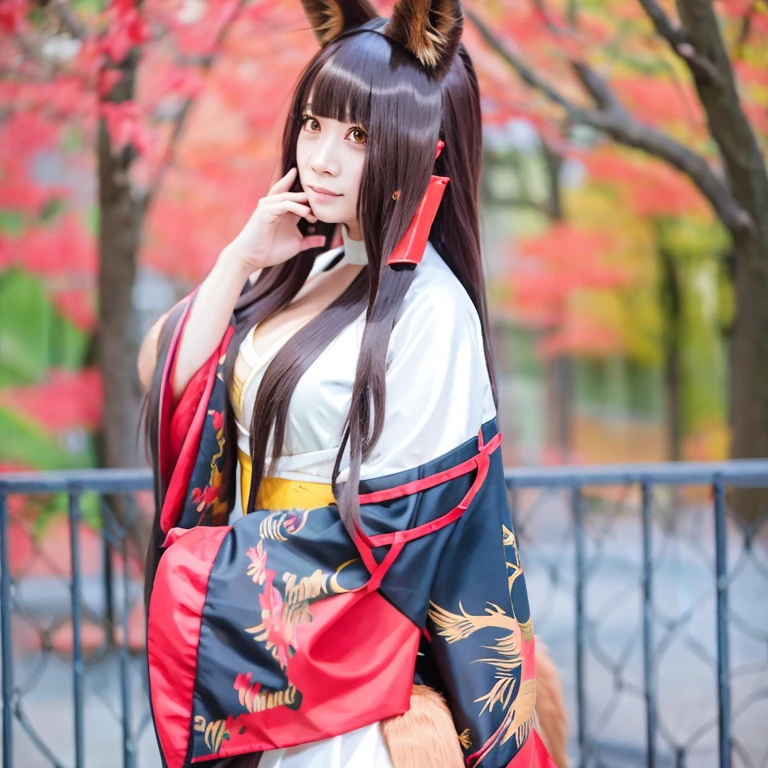 (masterpiece, best quality:1.2), 1girl, solo,Top quality, masterpiece, high resolution, alone, {white kimono:1.35}, {red also:1.35}, {wide sleeve:1.20}, {Akagi_Azur Lane:1.15}, animal_ears, fox_ears , black hair, length hair, bangs, animal ears fluff, yellow eyes, blush, blunt bangs, hair ornaments, brown eyes