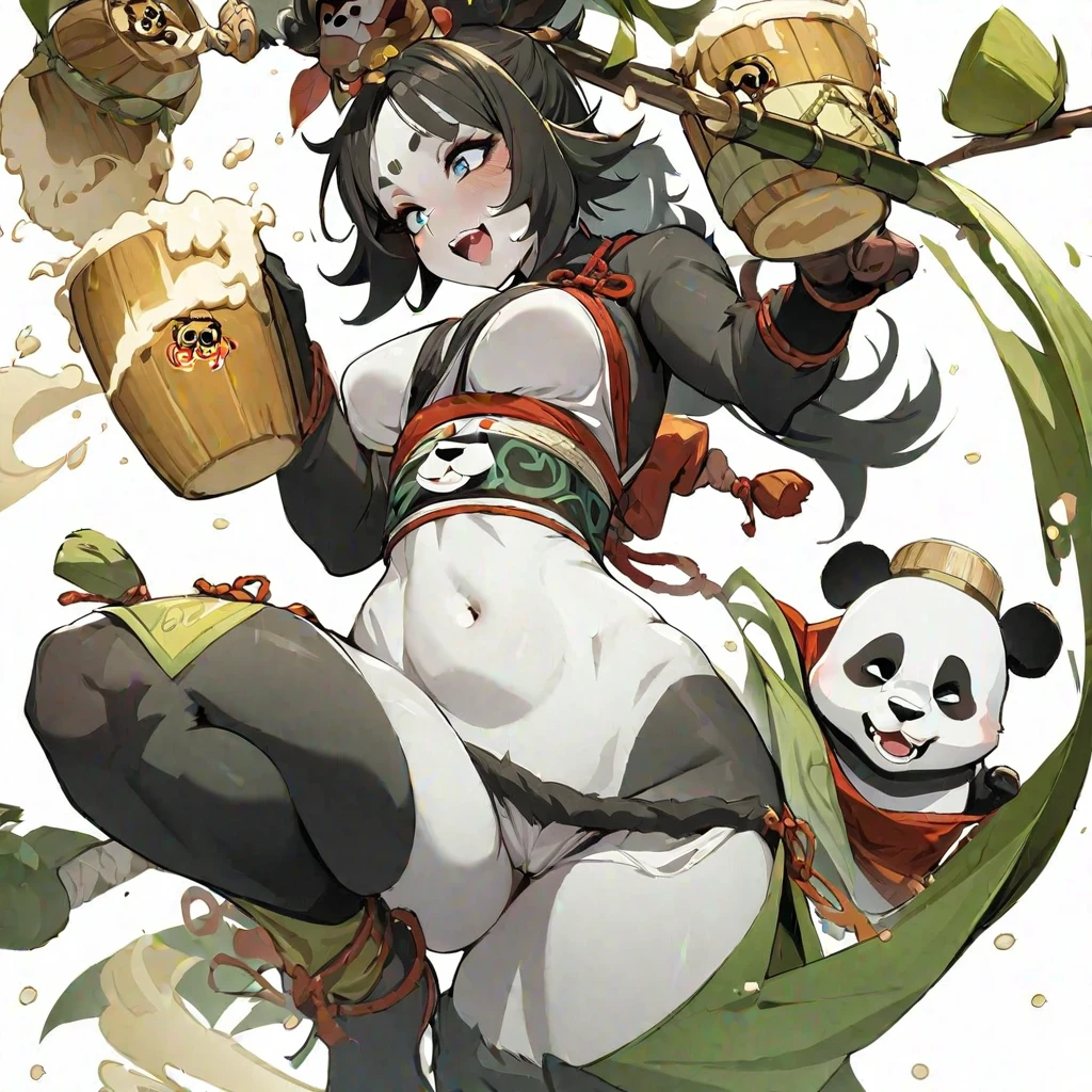 (masterpiece, best quality:1.2), 1girl, solo, pandawa, girl, panda, (black fur, white fur skin) beer, bambou, dofus, wakfu, simple background