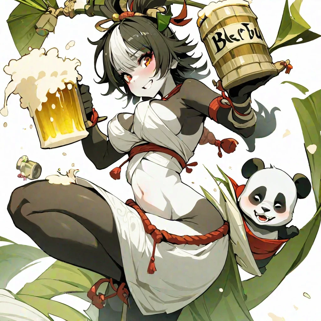 (masterpiece, best quality:1.2), 1girl, solo, pandawa, girl, panda, (black fur, white fur skin) beer, bambou, dofus, wakfu, simple background