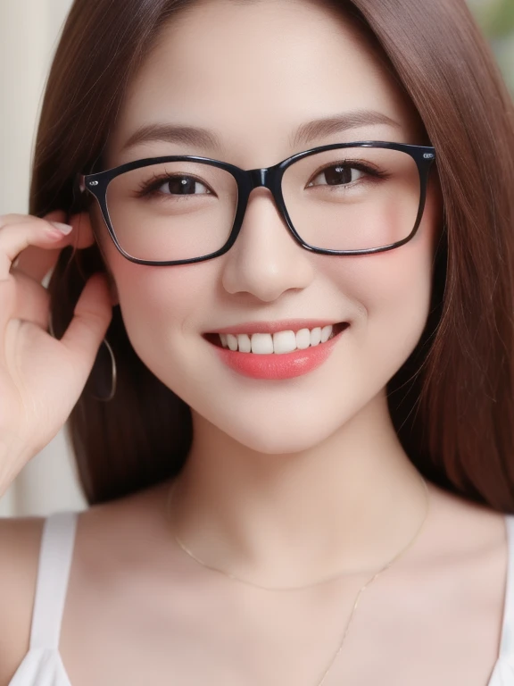 (realistic、masterpiece、Best Quality、8K、highres、high resolution:1.3)、1 glasses girl、smile, Huge breasts、white bikini、pale white skin、looking at viewers、super fine face and eyes、long hair、indoor、 upper body、