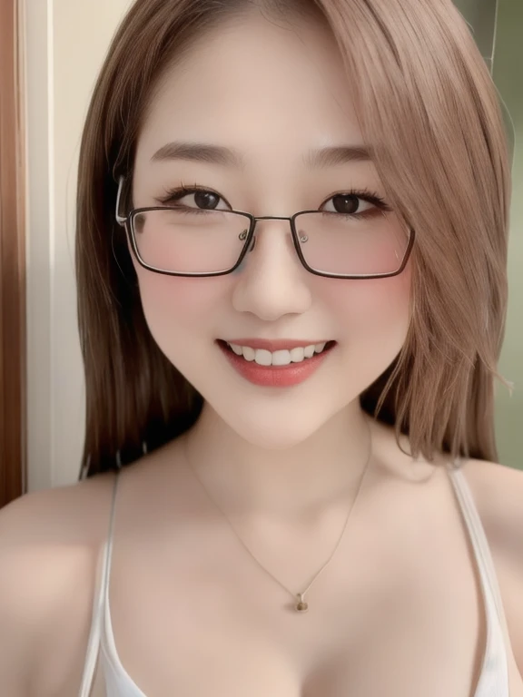 (realistic、masterpiece、Best Quality、8K、highres、high resolution:1.3)、1 glasses girl、smile, Huge breasts、white bikini、pale white skin、looking at viewers、super fine face and eyes、long hair、indoor、 upper body、