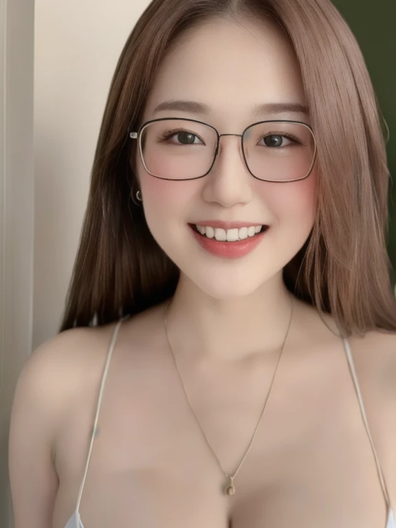 (realistic、masterpiece、Best Quality、8K、highres、high resolution:1.3)、1 glasses girl、smile, Huge breasts、white bikini、pale white skin、looking at viewers、super fine face and eyes、long hair、indoor、 upper body、