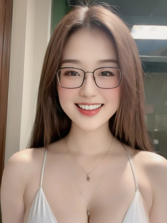 (realistic、masterpiece、Best Quality、8K、highres、high resolution:1.3)、1 glasses girl、smile, Huge breasts、white bikini、pale white skin、looking at viewers、super fine face and eyes、long hair、indoor、 upper body、
