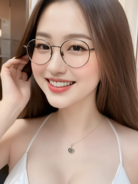 (realistic、masterpiece、Best Quality、8K、highres、high resolution:1.3)、1 glasses girl、smile, Huge breasts、white bikini、pale white skin、looking at viewers、super fine face and eyes、long hair、indoor、 upper body、