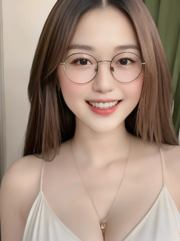 (realistic、masterpiece、Best Quality、8K、highres、high resolution:1.3)、1 glasses girl、smile, Huge breasts、white bikini、pale white skin、looking at viewers、super fine face and eyes、long hair、indoor、 upper body、