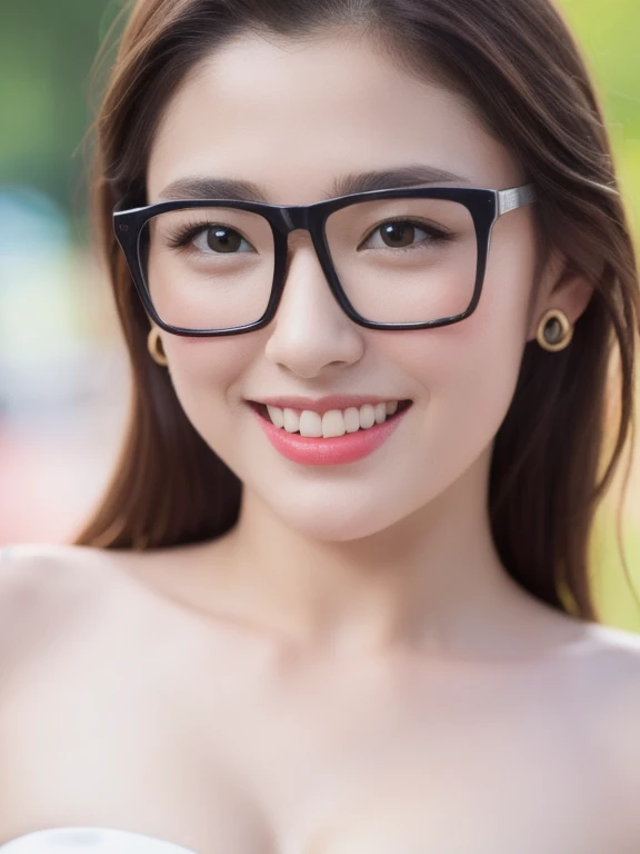 (realistic、masterpiece、Best Quality、8K、highres、high resolution:1.3)、1 glasses girl、Huge breasts、smile、white bikini、pale white skin、looking at viewers、super fine face and eyes、long hair、indoor、 upper body、