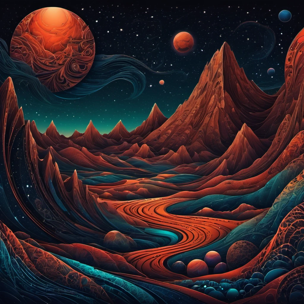 (best quality, highres, ultra sharp), magical alien landscape, mars, about the curvature of space time, round mountains, zentangle lines, art decostyle , full colored, 3d crunch, dark tones,