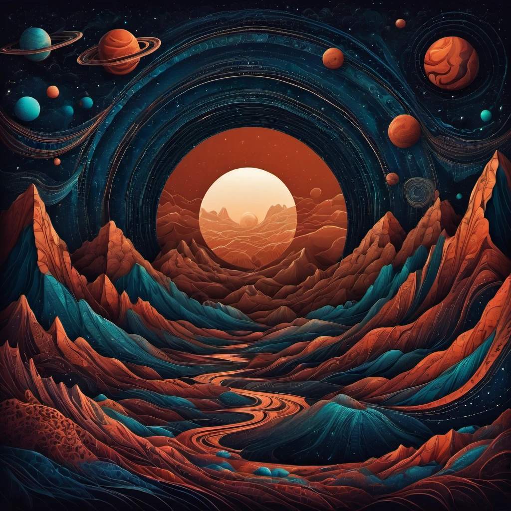 (best quality, highres, ultra sharp), magical alien landscape, mars, about the curvature of space time, round mountains, zentangle lines, art decostyle , full colored, 3d crunch, dark tones,