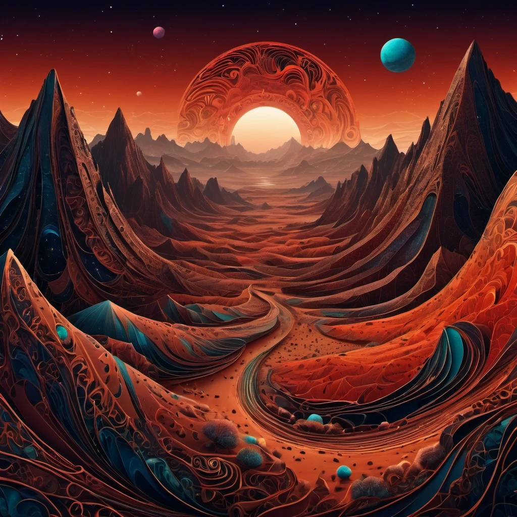 (best quality, highres, ultra sharp), magical alien landscape, mars, about the curvature of space time, round mountains, zentangle lines, art decostyle , full colored, 3d crunch, dark tones,