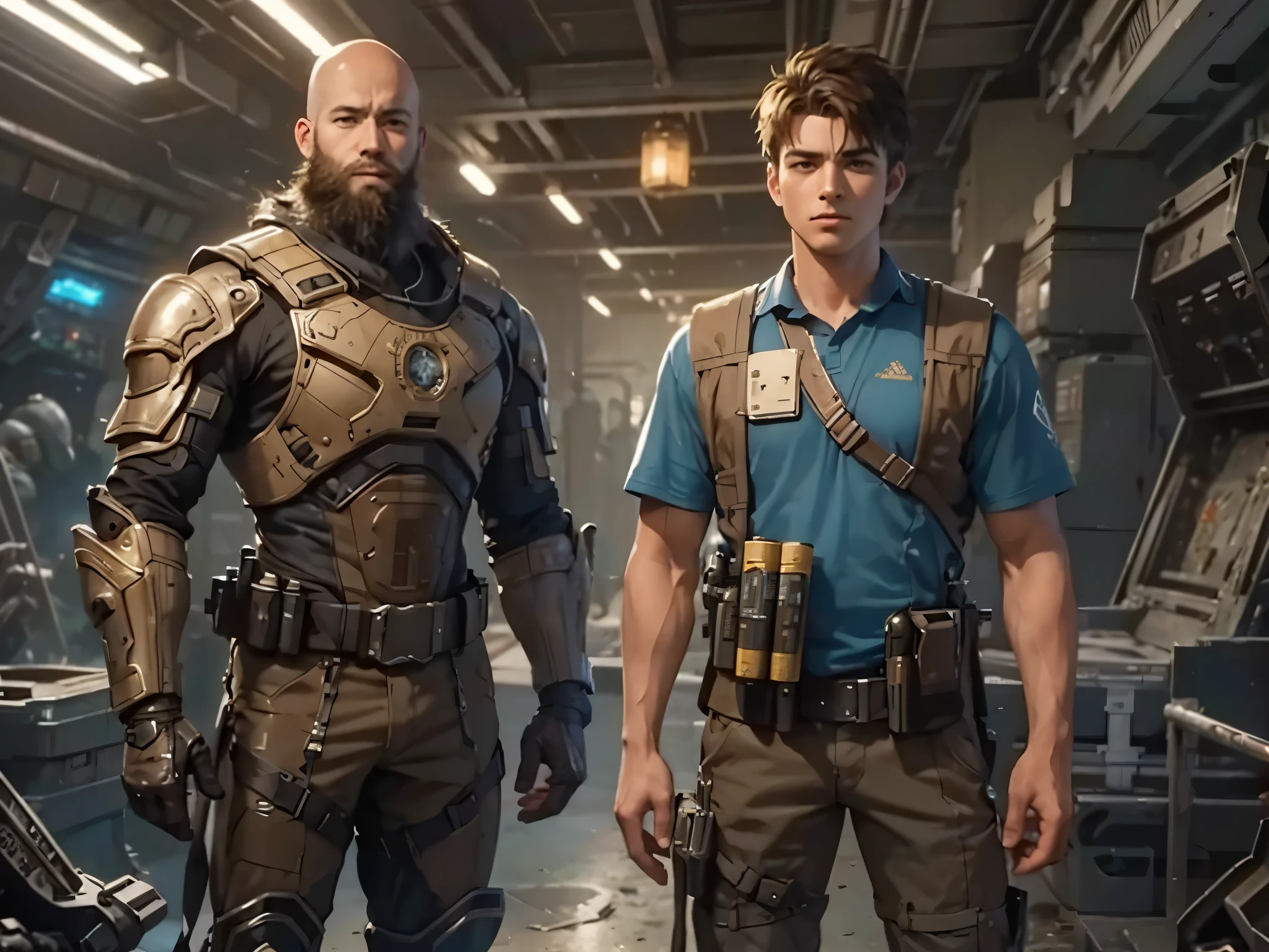 (full body portrait), (2 guys)(the first is a 14 year old messy brown haired boy),(the second is his bald muscular father with beard), realistic style, detailed face, futuristic combat gear tear and dirty hyper detailed, 8k, sci-fi composition, sci-fi background, in the background a mysterious machine