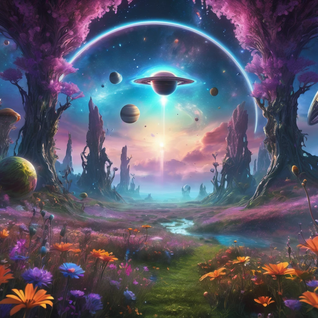 alien landscape, aesthetic, extremely detailed, Aliens holding hands in a circle in a meadow of alien flowers, galaxies and planets in the sky, detailed matte painting, deep color, fantastical, intricate detail, splash screen, complementary colors, fantasy concept art, 8k resolution trending on Artstation Unreal Engine 5