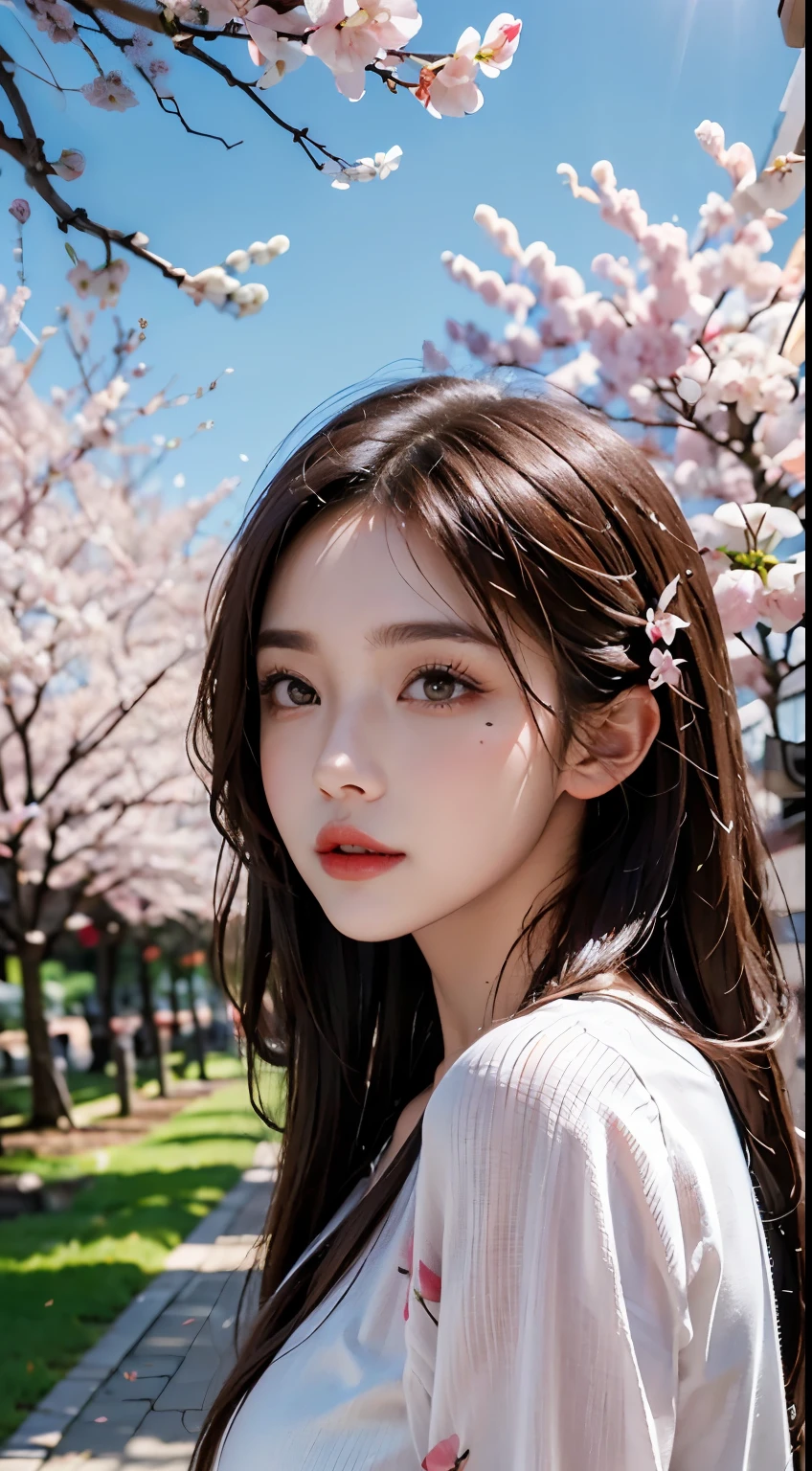 Mustepiece, top quality, illustration, ultra-definition, fine details, high resolution, 8K wallpaper, perfect dynamic composition, beautiful detailed eyes, wearing a dress, natural colored lips, random cute pose, perfect and beautiful face, cute, sexy face, sunset, ??????? face, feminine face, (cherry blossoms, cherry blossoms, falling cherry blossom petals, cherry blossom blizzard, falling petals), waving in the wind Hair, hair fluttering, pink cherry blossoms, petals dancing, cherry blossom snowstorm, wonderful scenery, sunrise, background sun, wind,