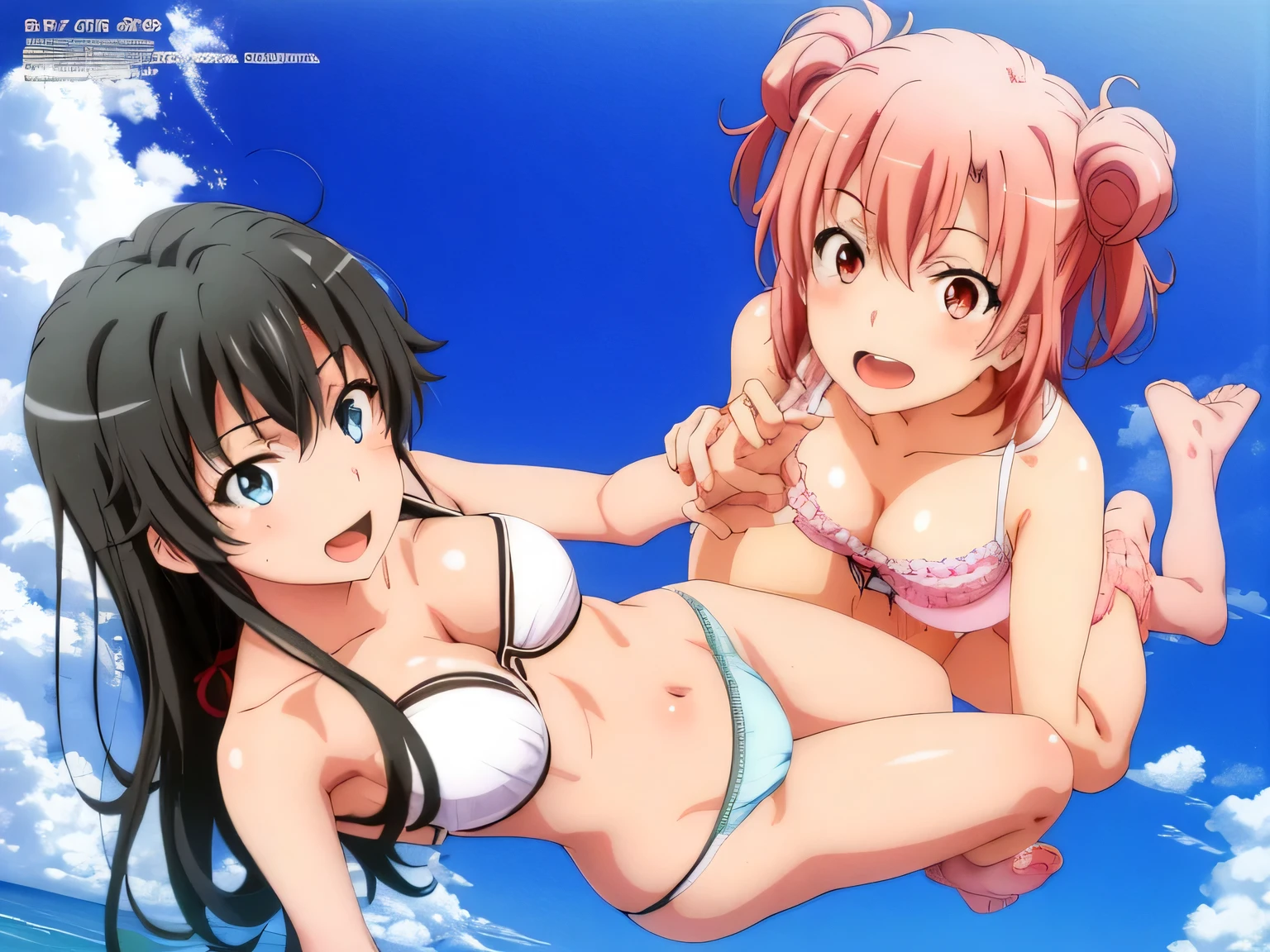 2 girls , Yukinoshita Yukino , yuigahama yui , waltz dance , 2 girls , Yukinoshita Yukino , yuigahama yui&#39;bust and thighs are great,In underwear,spread your legs,jump,Ocean,Proactively,belly button,light pink panties,white panties,thighs,knees,(high angle),(beautiful eyes),open mouth smile,Insert your head